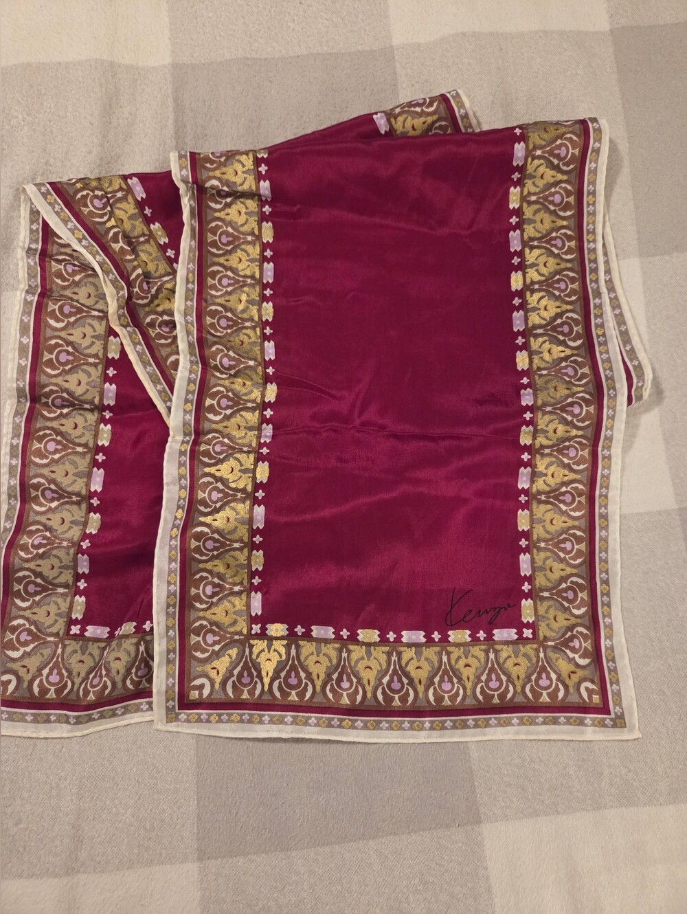 Kenzo Luxurious Maroon/wine Skinny Scarf with Gold & Cream Border